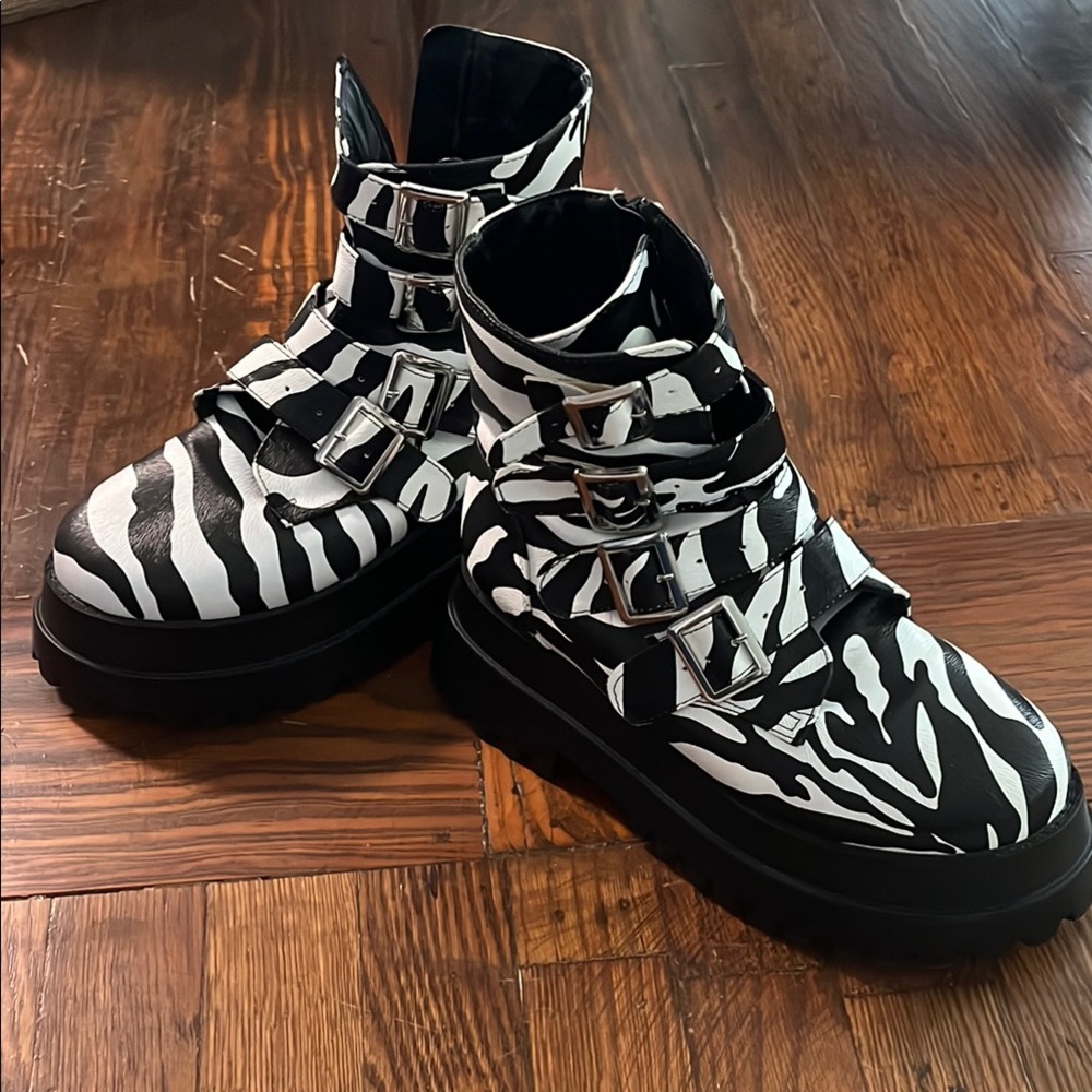 Platform Black & White Zebra Print Buckle Boots